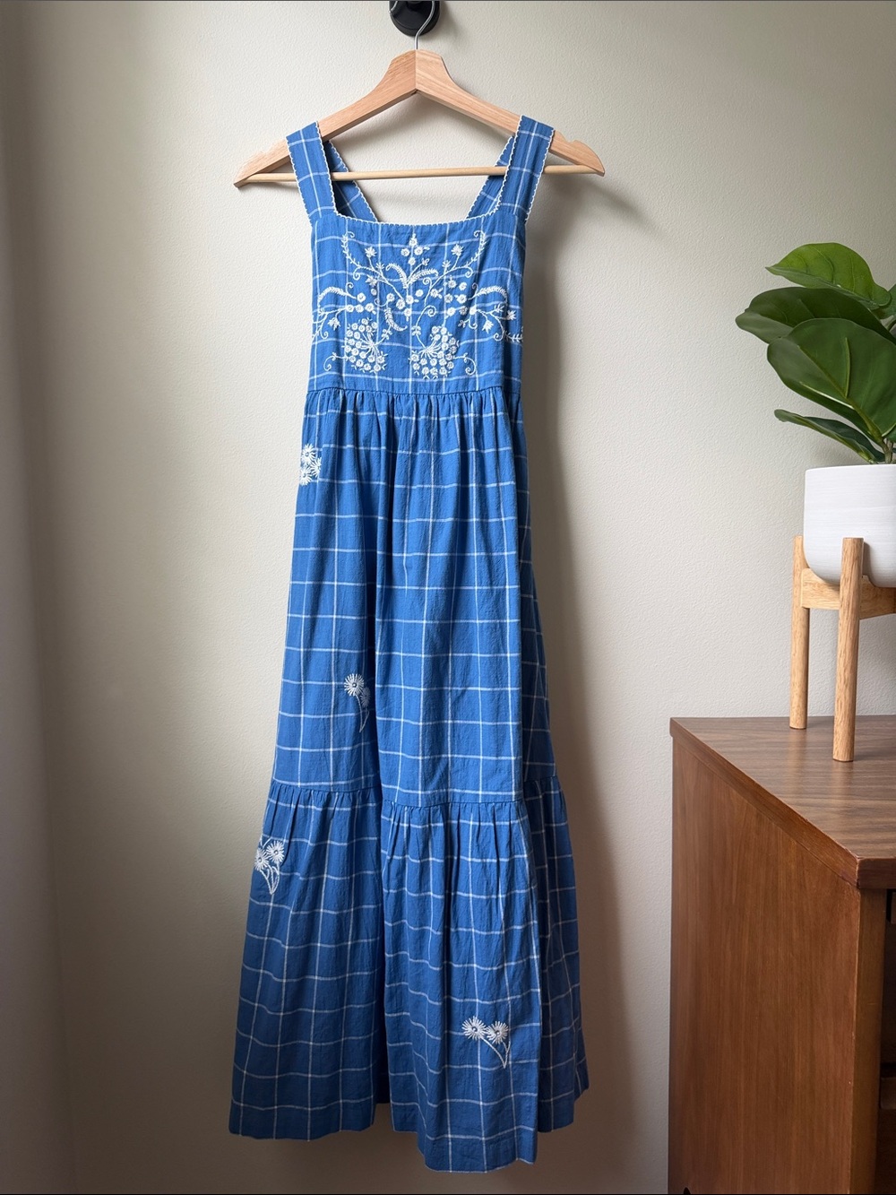 Madewell Blue Checked Embroidered Midi Sundress